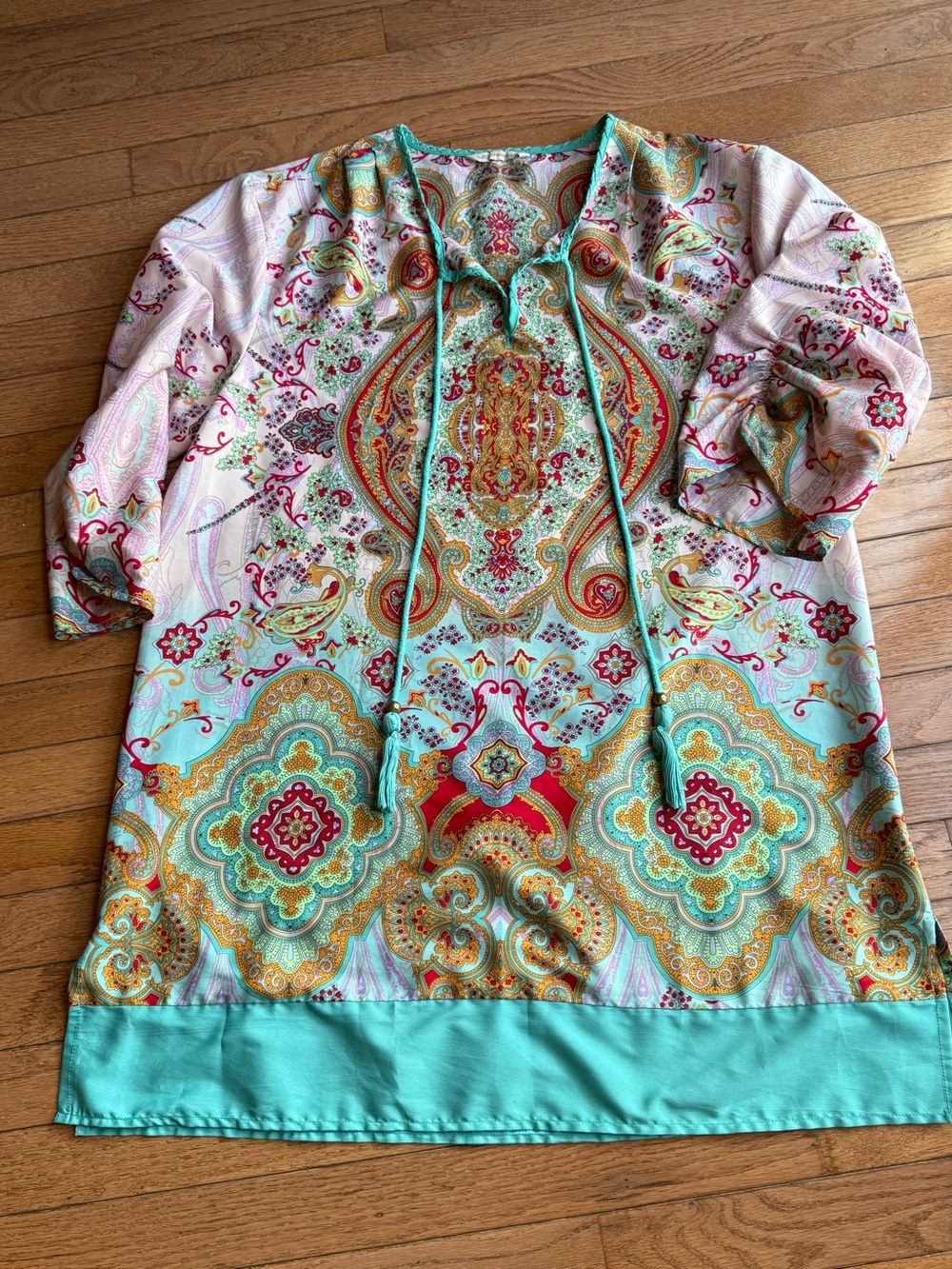 Boho Paisley Tassel Tunic Top | Aqua Pink Print | Size L - Picture 3 of 6